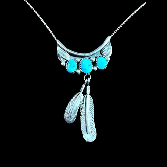 Vintage Navajo Handmade Turquoise & Sterling Silver Feather Necklace NWOT - Picture 2 of 4